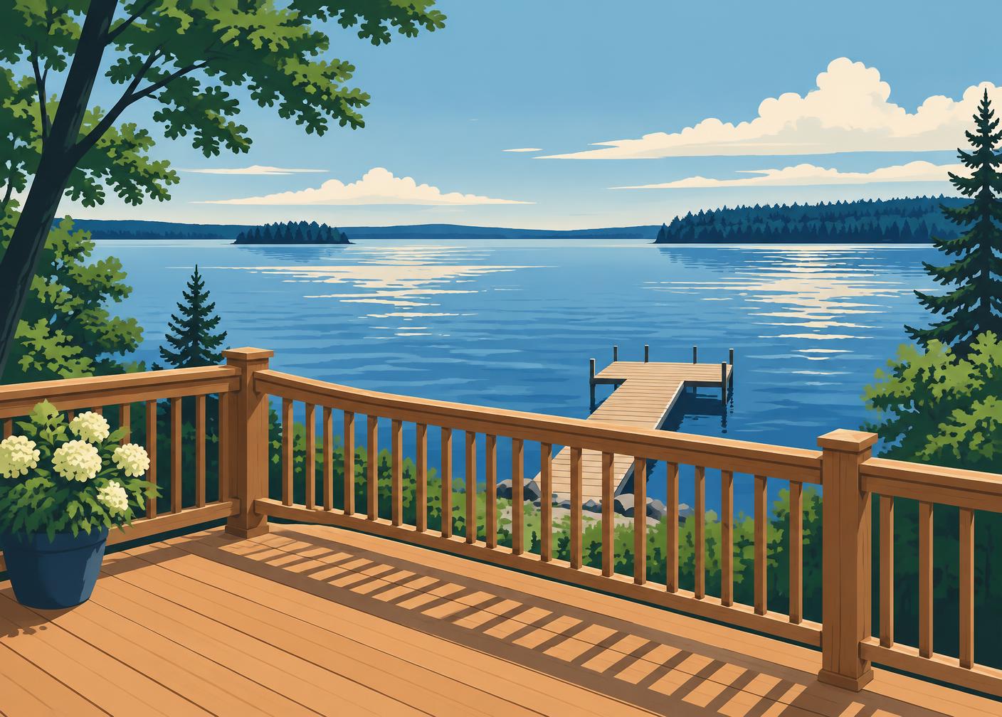 Illustration of a deck with railing overlooking a lake and dock